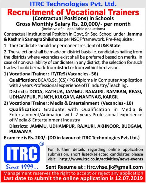 Recruitment of Vocational Trainers in Jammu & Kashmir